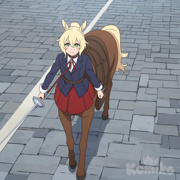 [flat-anime-style],ケンタウロス娘,茶髪,ロングヘア,ポニーテール,馬耳,ライトブラウンの革の目隠し,ベージュの服,赤のスカート,ハーネス,首輪,リード,首輪にリードが繋がっている,リードで引っ張れている,鞍,鞍に荷物を載せている,背中に荷物を載せている,笑顔,前進している、左手に荷物袋、右手にブラウンの革のカバン、中世ヨーロッパ、商店街、石畳, 1boy, 金髪、wavy hair,green eyes,short hair,身長170センチ,イケメン,紺色のブレザー,ブーツ,右腰にレイピアを帯刀している,ケンタウロス娘の前方にいる,右手でケンタウロス娘の首輪のリードを持っている,ケンタウロス娘の首輪のリードを引っ張ている,前進している,正面を向いてる,笑顔,右斜め上のアングル