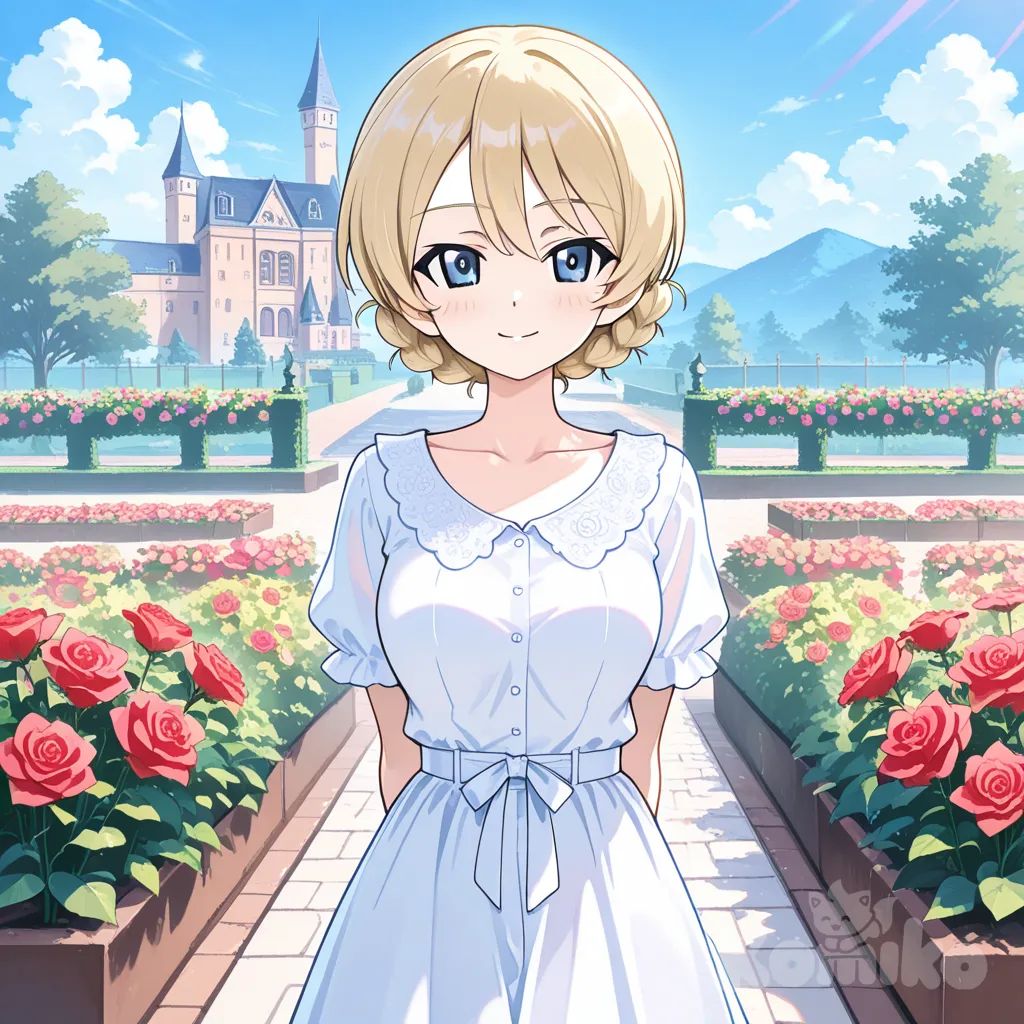 ダージリン、, castle, garden, day、薔薇が咲いている、後ろ手、, 正面を向いてる、, smile