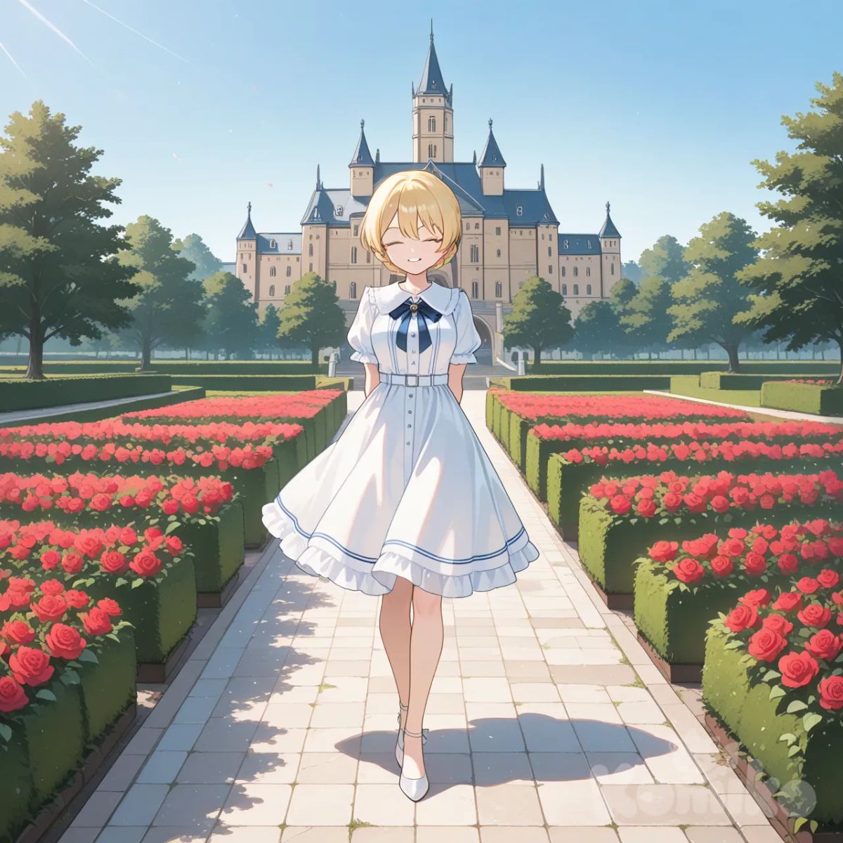 ダージリン、, castle, garden, day、薔薇が咲いている、後ろ手、, 正面を向いてる、, smile, full body