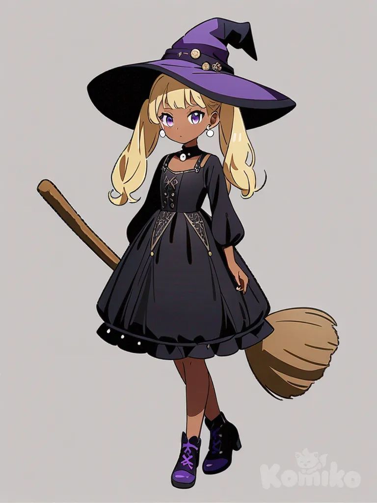 1girl, blonde hair, twintails, purple eyes, tan skin, tall, slim, petite, witch dress, purple and black dress, black and purple hat, brown broom, earrings, pearls, teenager, single character, full body, looking at viewer, anime style, simple background, white background