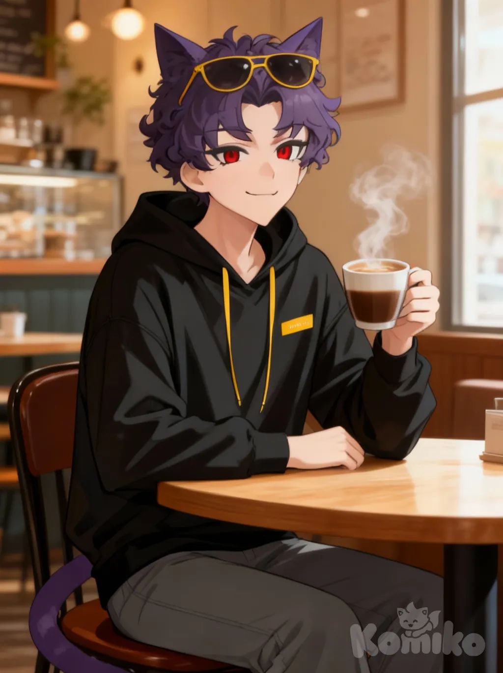 <rinkun-nh9j>, smirk, at a Cafe, holding a coffee cup.