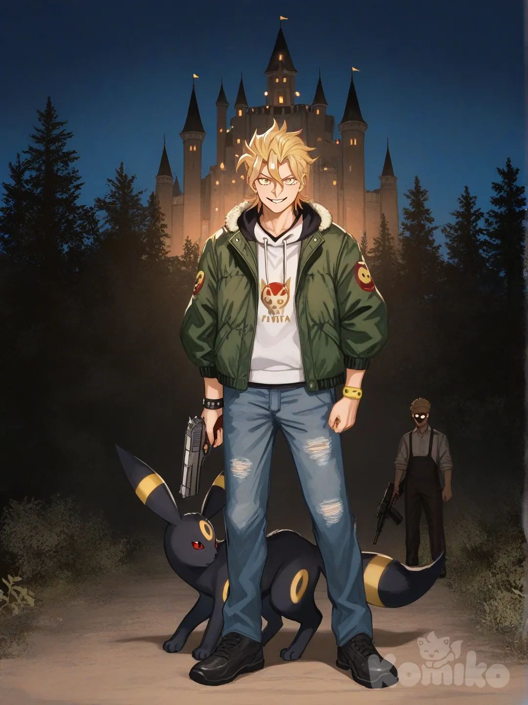 full body, headshot, closeup, medium long shot, cinematic lighting, night, neon lights, forest, castle, hoodie, outdoor adventure jacket, casual pants, overalls, denim skirt, school uniform, tuxedo, ruffles, sherpa, bracelet, holding gun, 2people, evil smile, [serious-man-style], 2boys, 2girls, Pannacotta Fugo, Umbreon