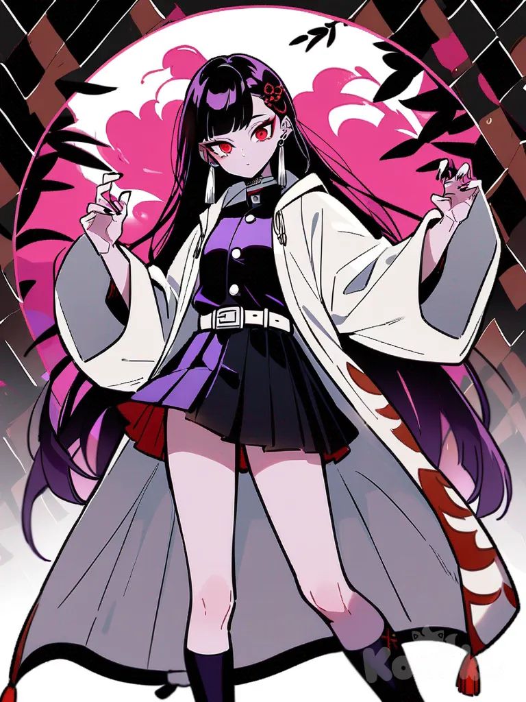 1girl, Demon Slayer style, original character in the world of Demon Slayer, vampire, teenager, slim, tall, pink and purple straight long hair, red eyes, fair skin, đồng phục Sát quỷ tiêu chuẩn, pleated short skirt, oversized haori, raincoat, studs, tassels, hairpin, hair accessory, earrings, knee-high socks, choker, single character, full body, looking at viewer, anime style, simple background, white background