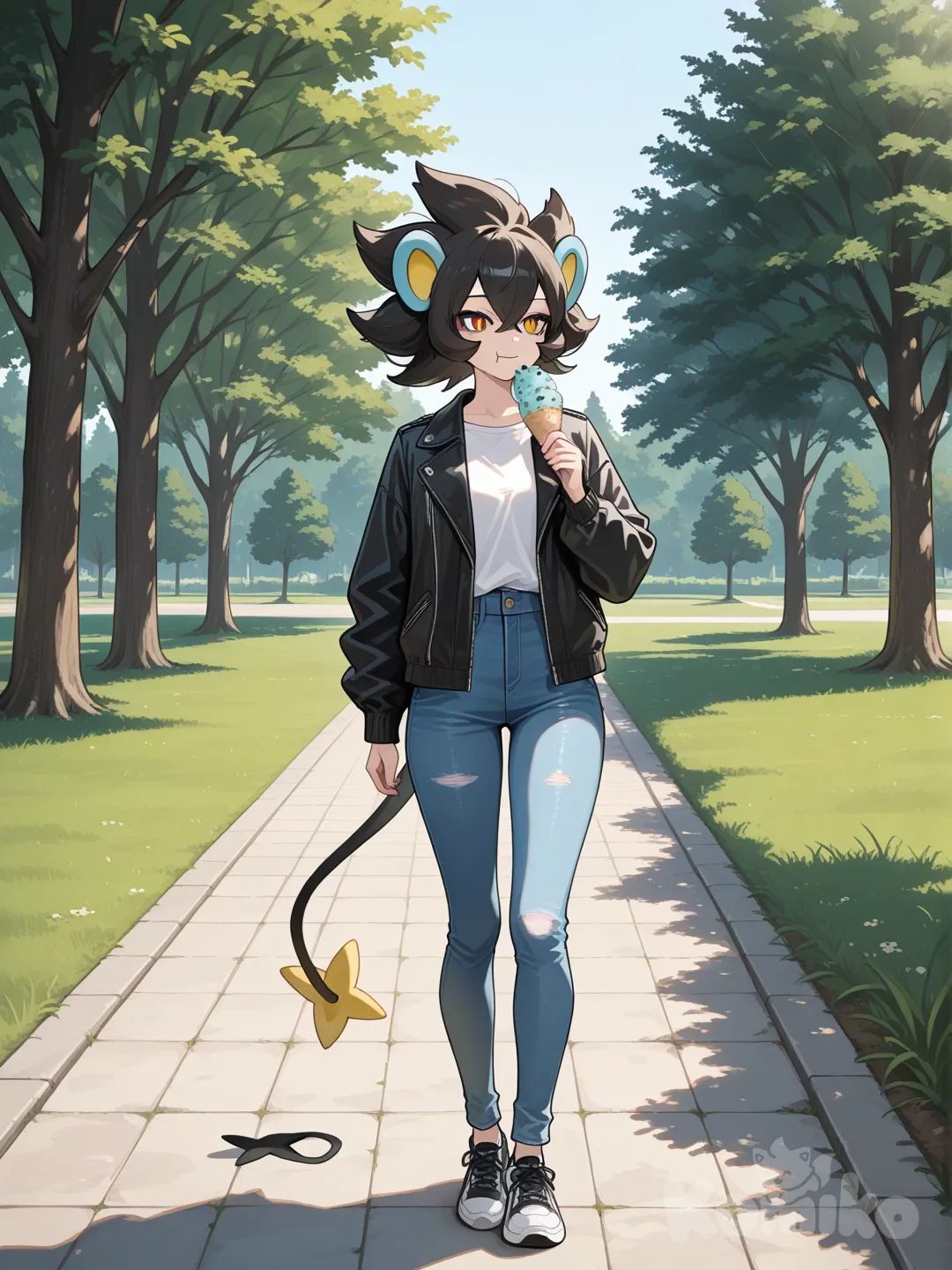 1girl, Luxray (pokemon), human appearance,white shirt, black jacket, jeans, full body, in the park, eating ice cream