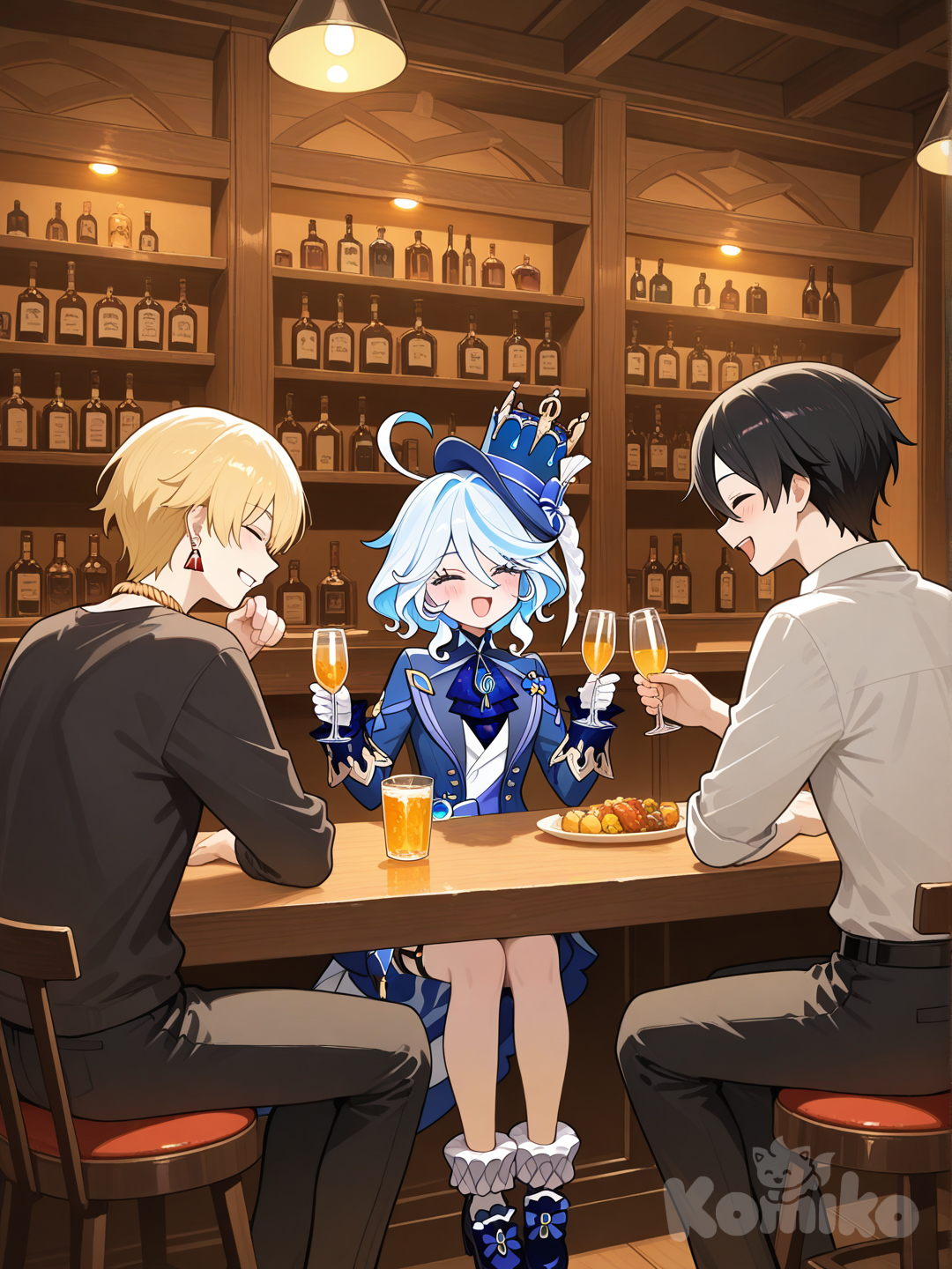 Kirito, gilgamesh y furina celebrando 