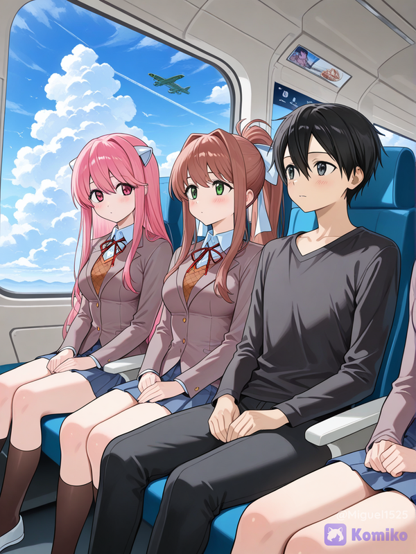 Kirito, lucy y monika (viajando en avión)