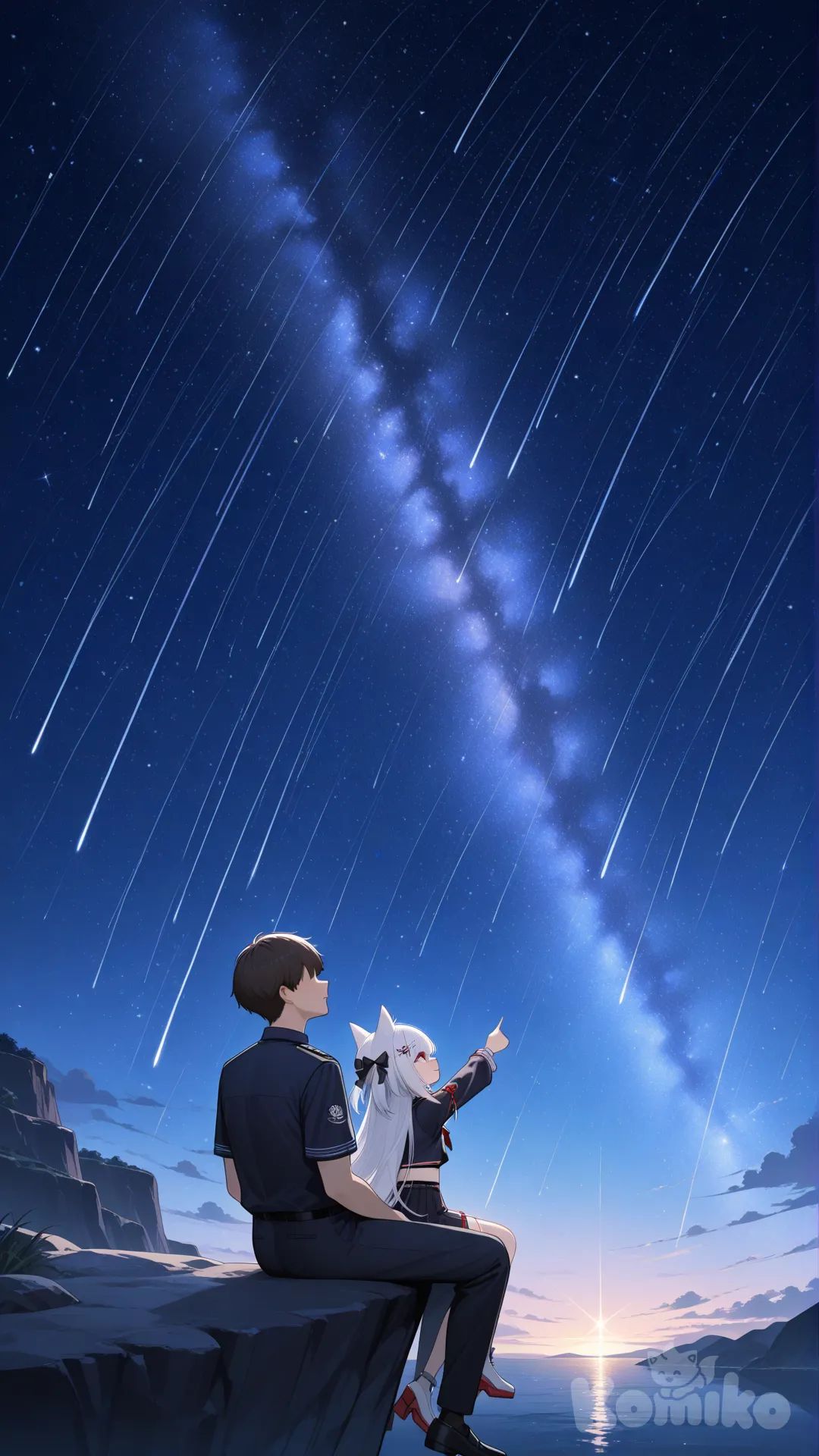 yukikaze (azur lane), sitting on lap, shikikan (azur lane), faceless male, cliff, night conditions, pointing at sky, star fall, full body, pov from corner, clothes