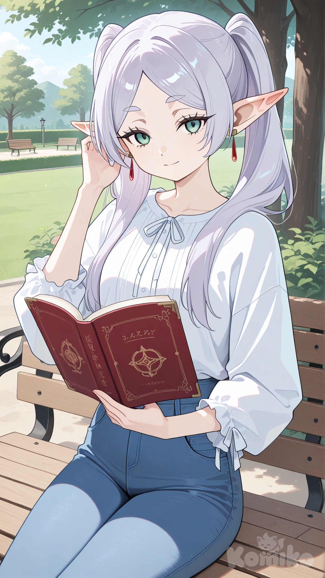 frieren, white t-shirt, jeans, reading, holding book, light smile, sitting on bench, outdoors, hand in own hair, facing viewer, upper body