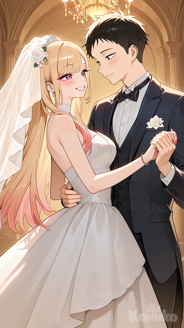 kitagawa marin, gojou wakana, wedding dress, tuxedo, upper body, looking at another, light smile, from side, dancing, ballroom