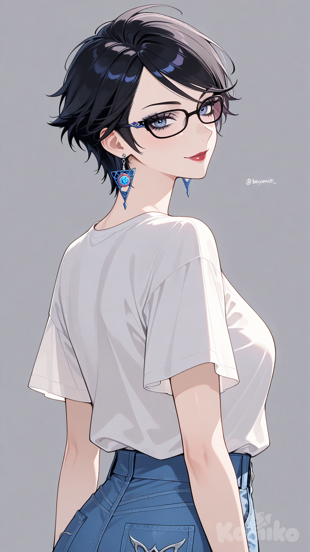 bayonetta, casual, white shirt, short sleeves, jeans, smile, looking back, from side, upper body, arms at sides, short hair