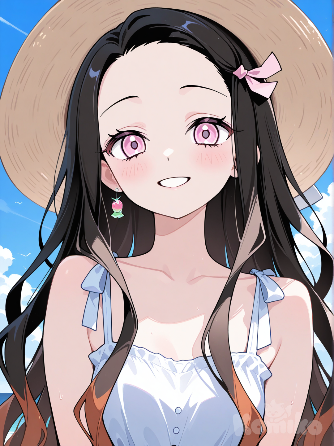 kamado nezuko, sundress, sun hat, blue sky, smile, upper body, facing viewer