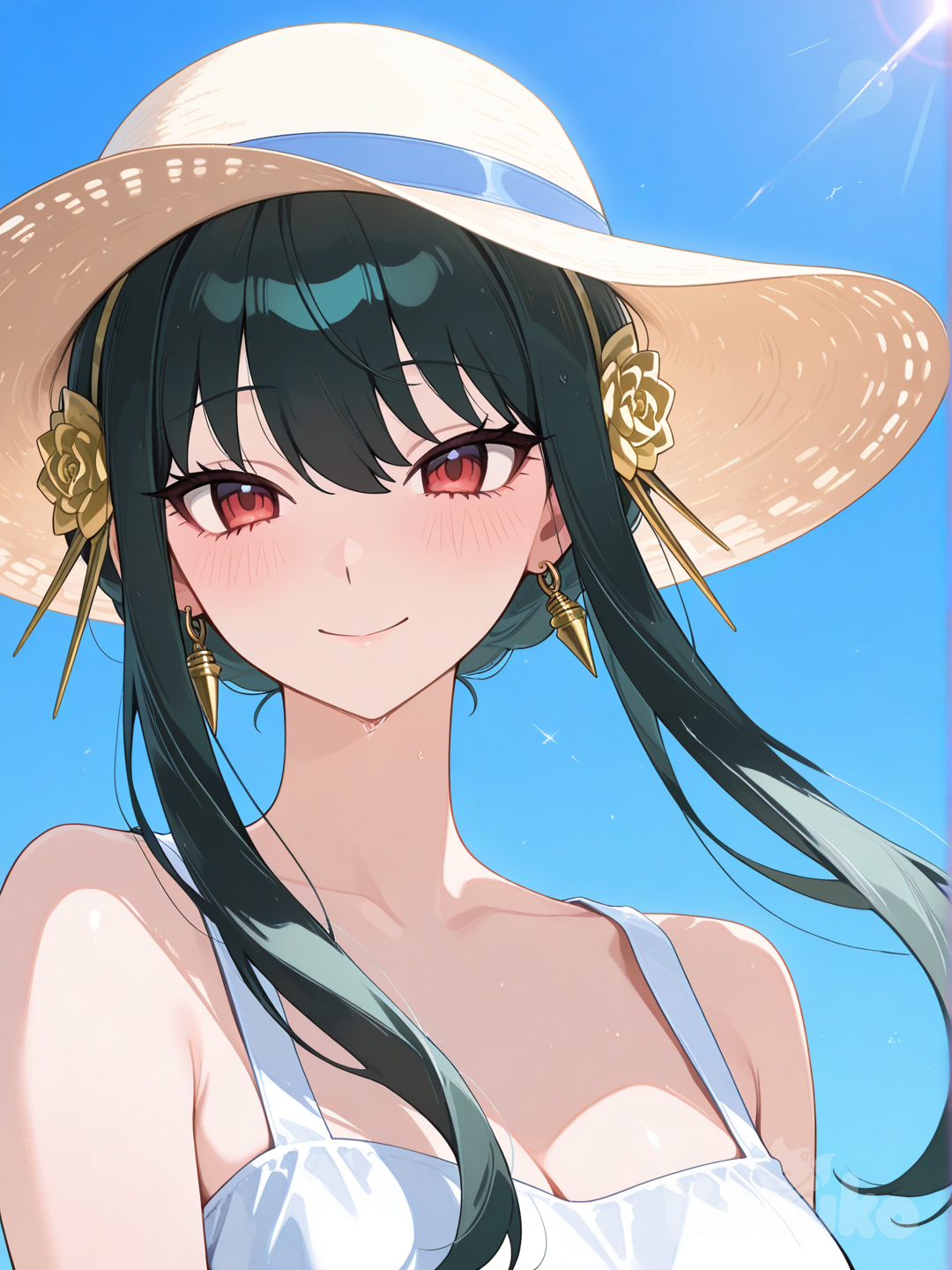 yor briar, sundress, sun hat, blue sky, smile, upper body, facing viewer