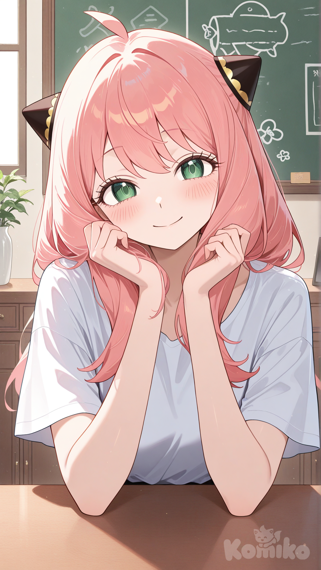 anya (spy x family), aged up, white t shirt, behind counter, looking at viewer, head resting in hand, head tilt, smile, blush, facing viewer, upper body, leaning forward, hand on counter