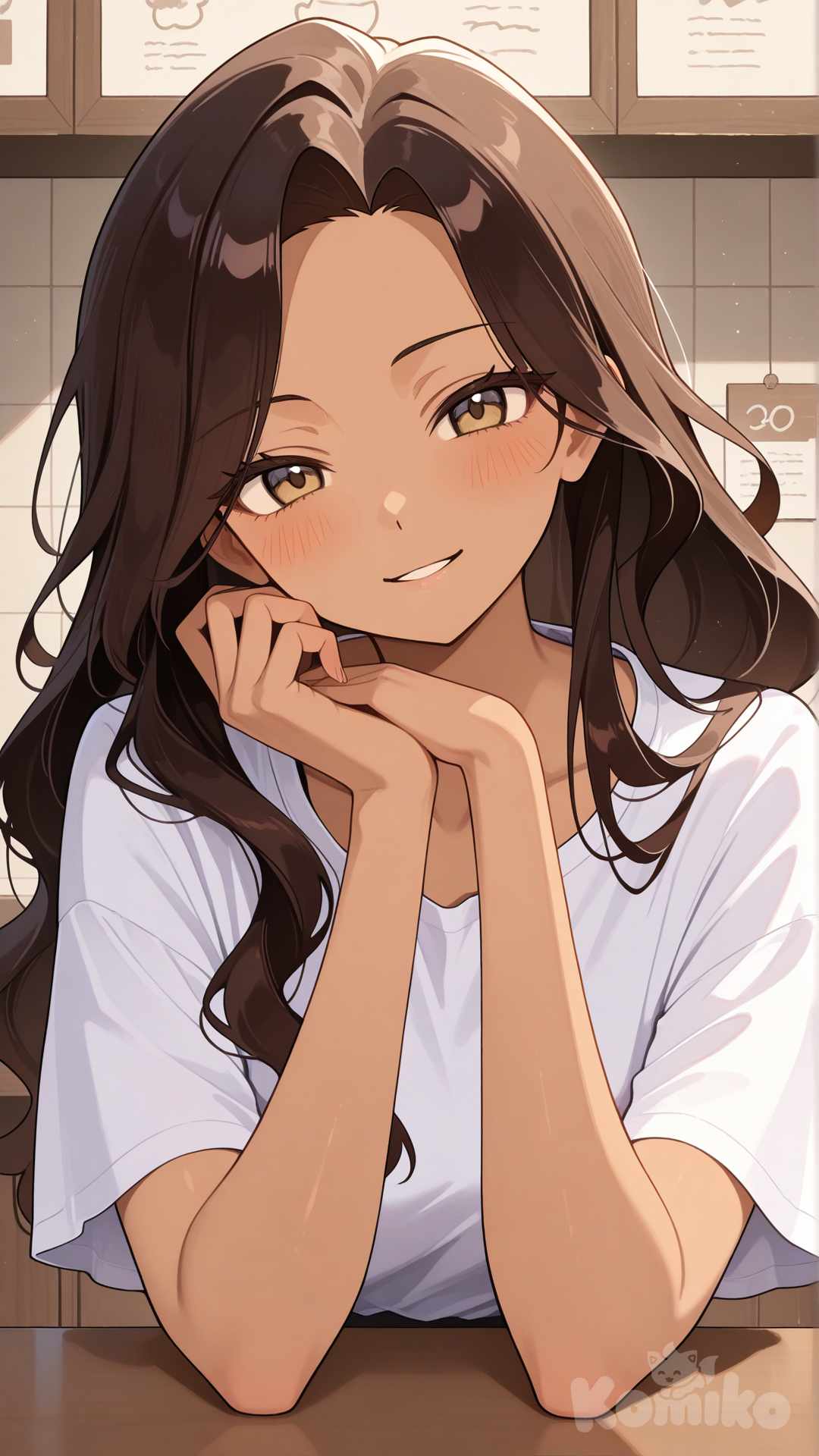 cana alberona, white t shirt, behind counter, looking at viewer, head resting in hand, head tilt, smile, blush, facing viewer, upper body, leaning forward, hand on counter