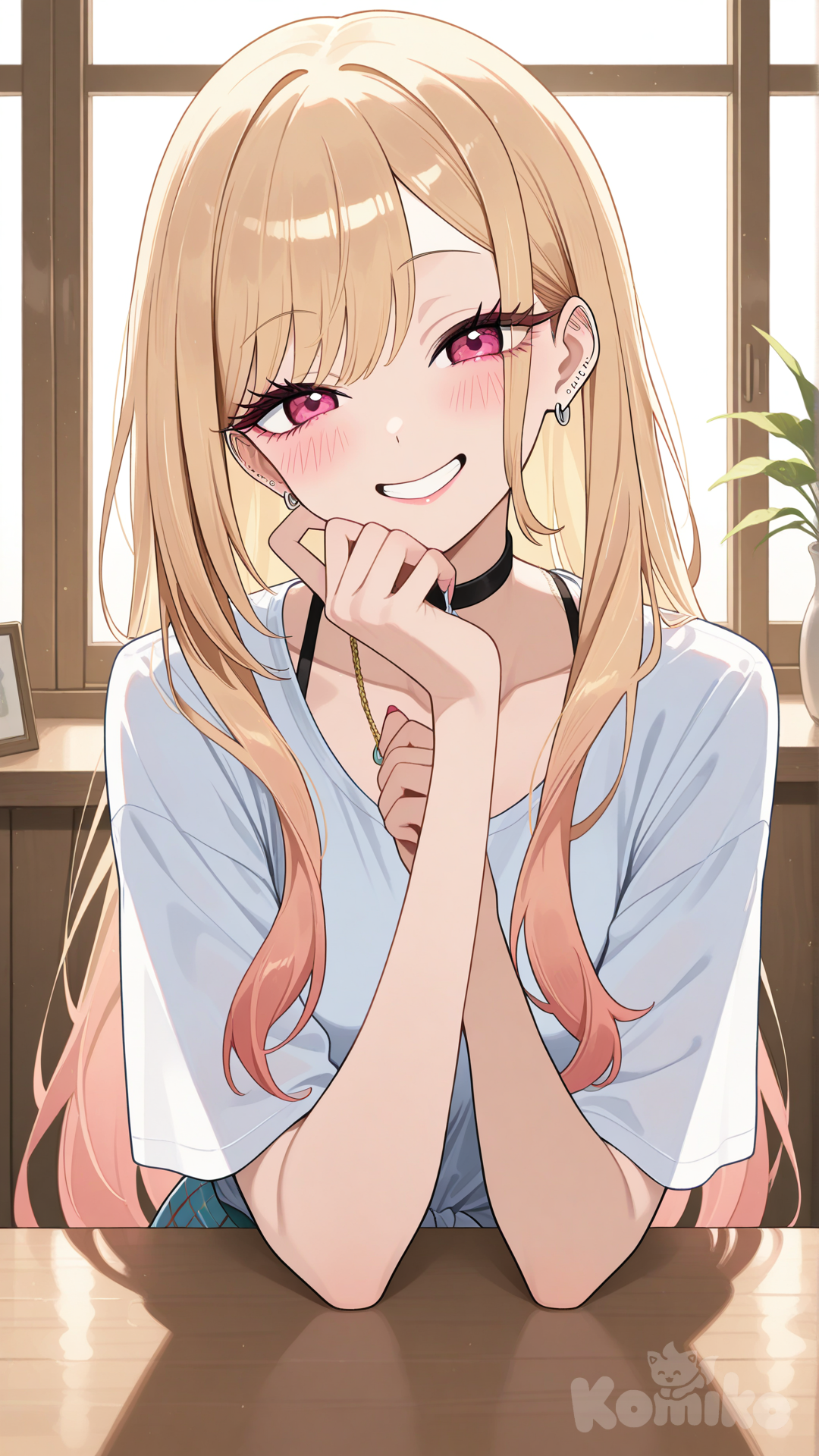 kitagawa marin, white t shirt, behind counter, looking at viewer, head resting in hand, head tilt, smile, blush, facing viewer, upper body, leaning forward, hand on counter