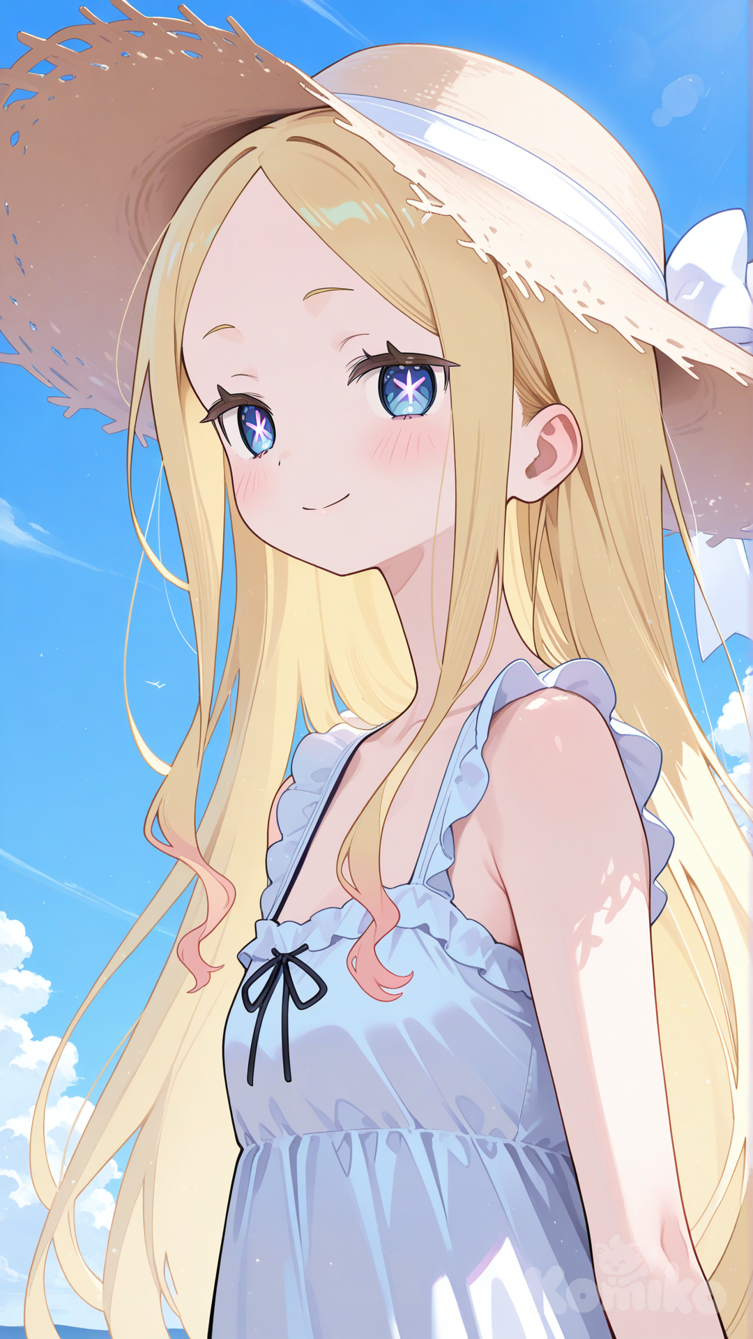 beatrice (re:zero), sundress, sun hat, blue sky, smile, upper body, facing viewer