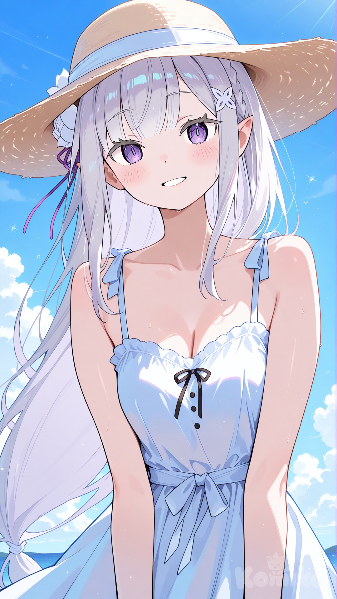 emilia (re:zero), sundress, sun hat, blue sky, smile, upper body, facing viewer