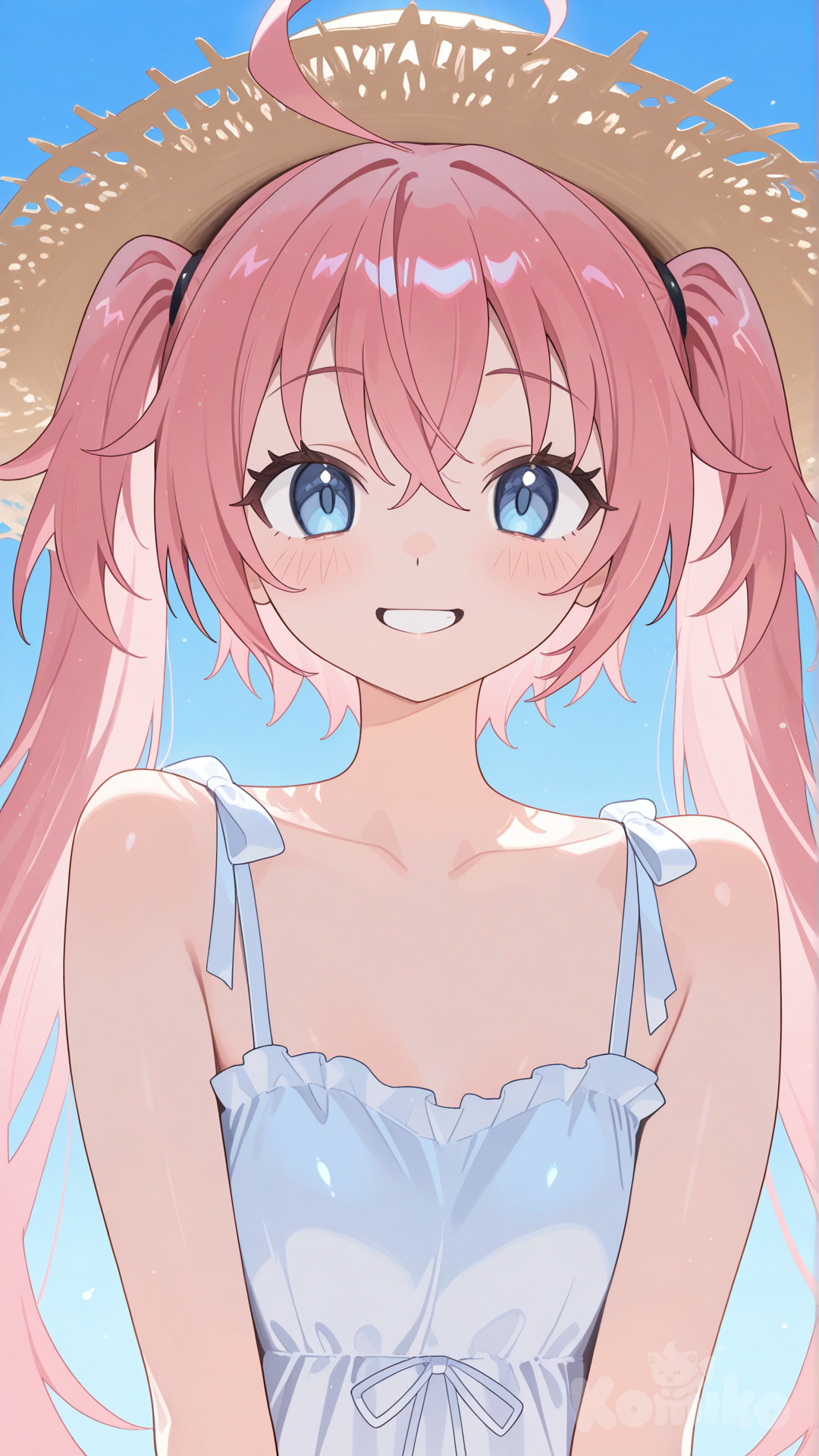 milim nava, sundress, sun hat, blue sky, smile, upper body, facing viewer