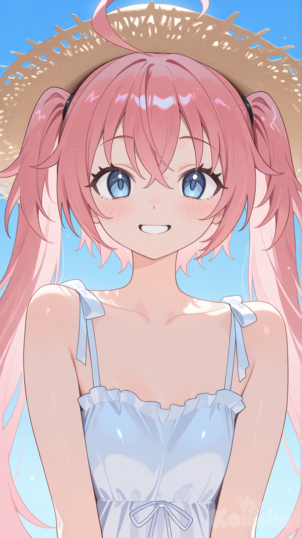 milim nava, sundress, sun hat, blue sky, smile, upper body, facing viewer