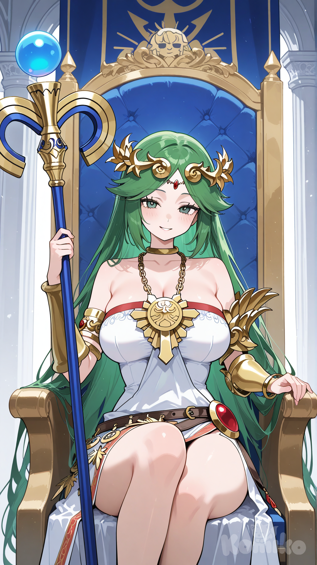 palutena, sitting on throne, smile, holding staff, facing viewer