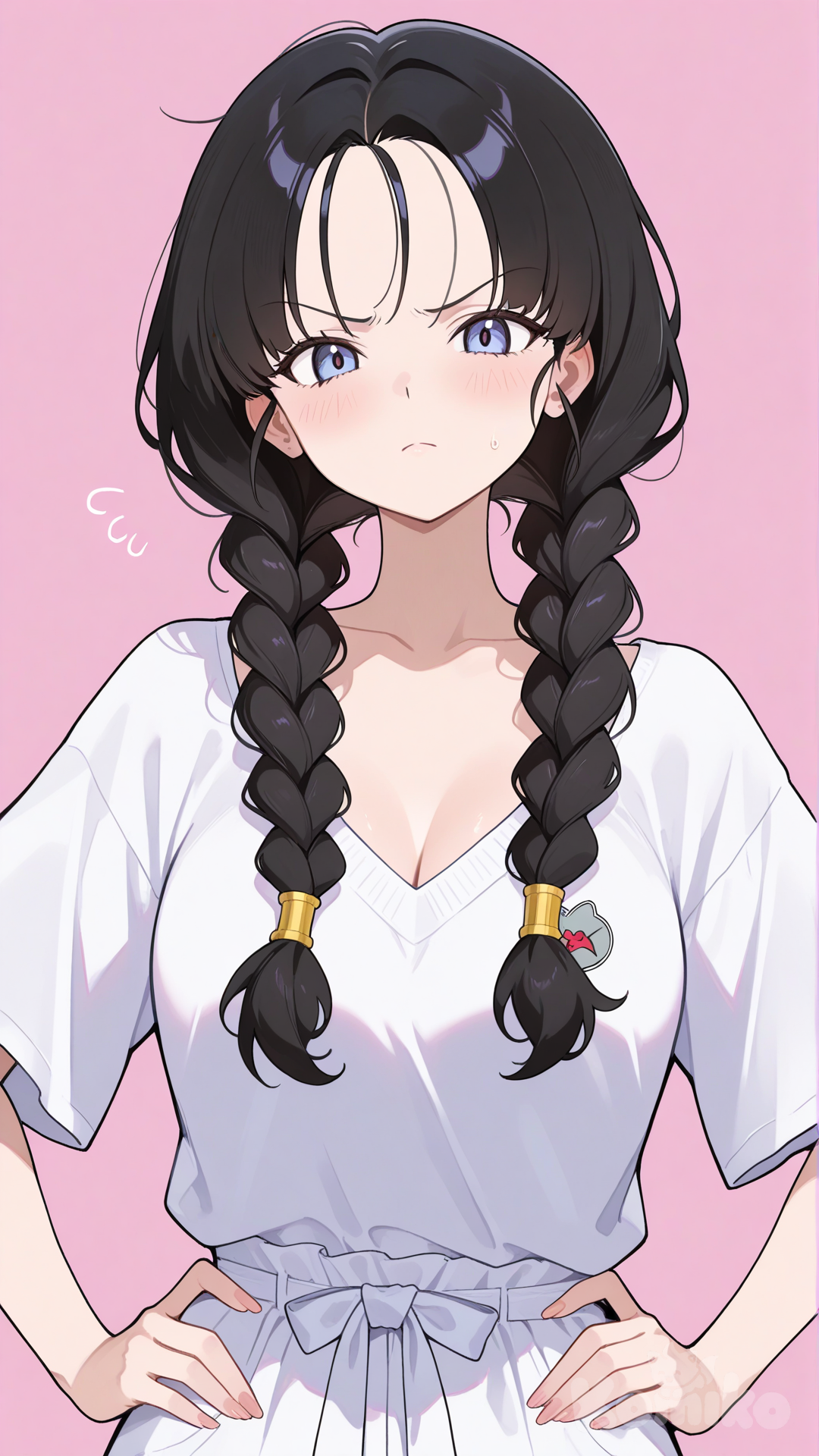 videl, official alternate costume, official alternate hairstyle, pigtails, looking at viewer, facing viewer, upper body, hands on own hips, furrowed brow, light frown