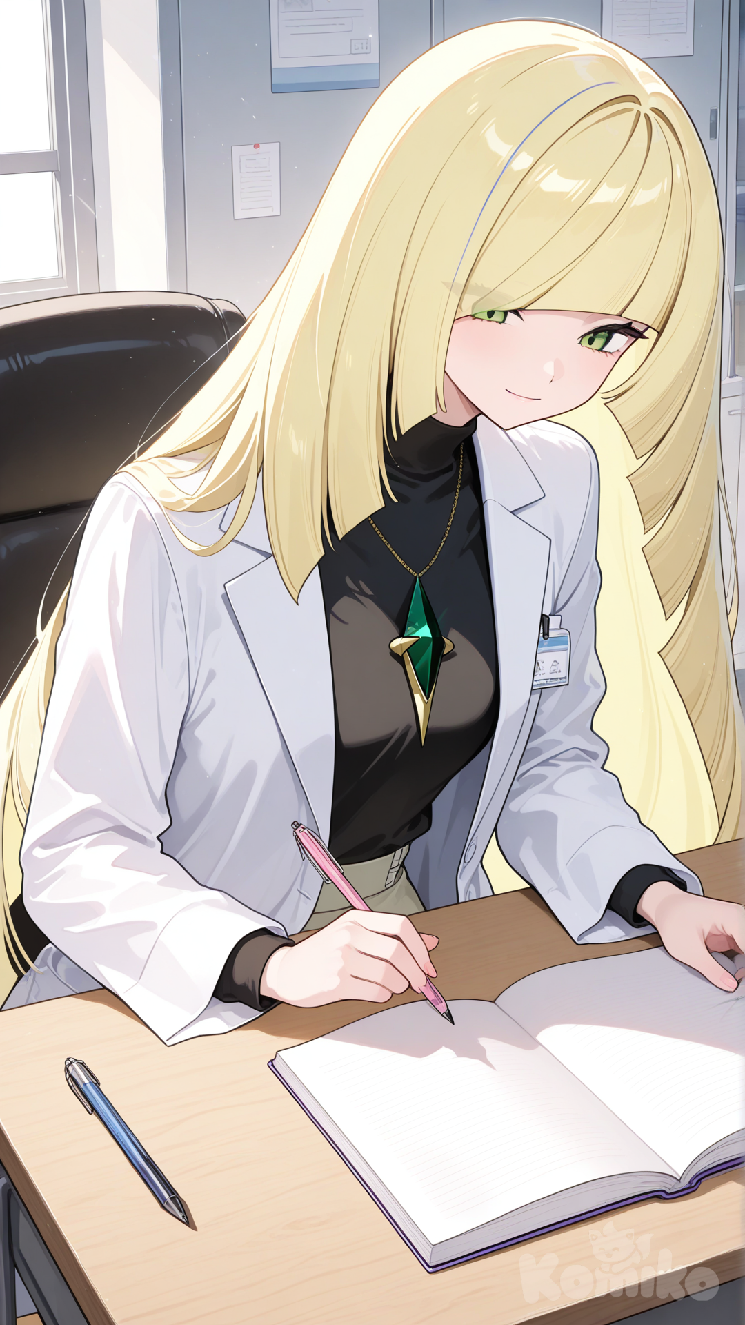 lusamine (pokemon), lab coat, notebook, writing, light smile, desk