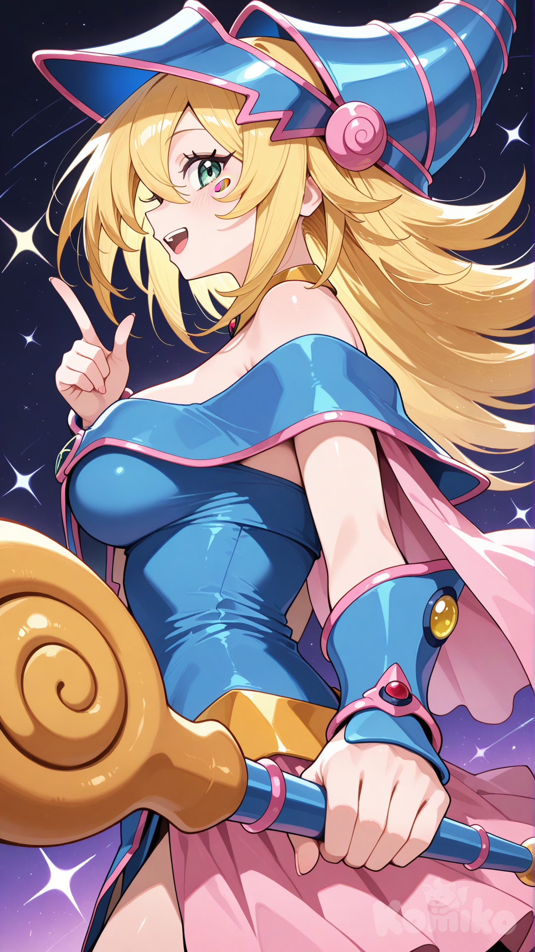 dark magician girl, magic, mage staff, pointing staff forward, from side, looking ahead, smile, upper teeth only, upper body