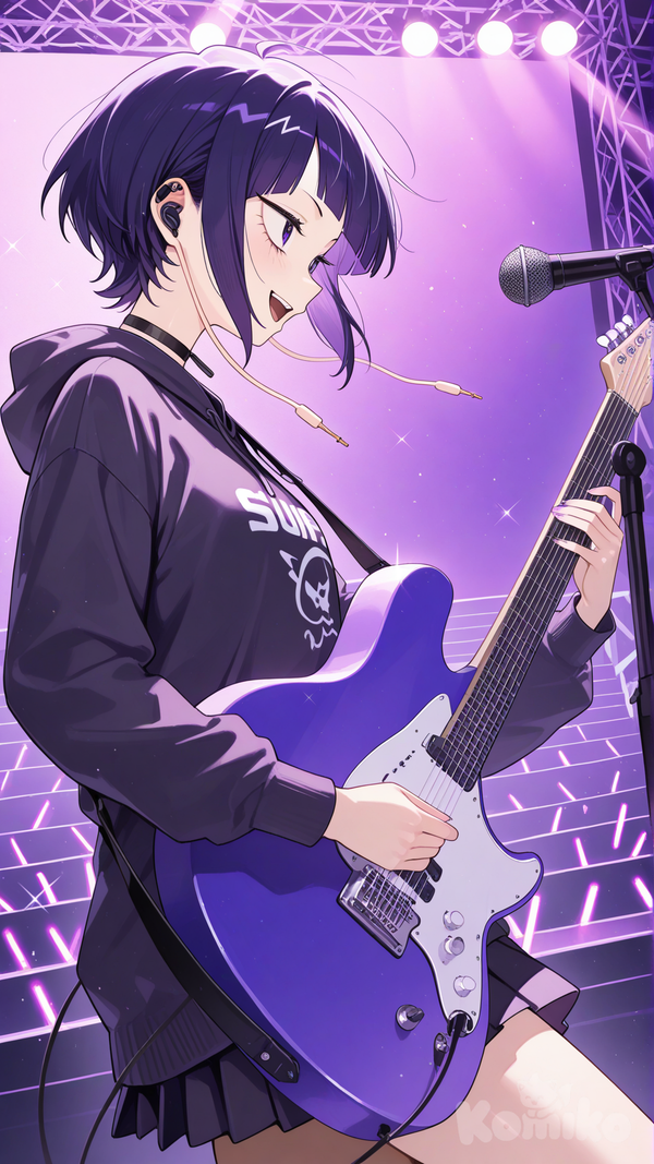jirou kyouka, guitar, playing guitar, concert, from side, smile, upper teeth only, looking ahead