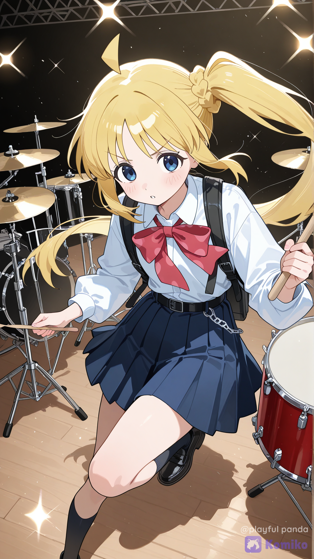 ijichi nijika, school uniform, holding drumsticks, playing drums