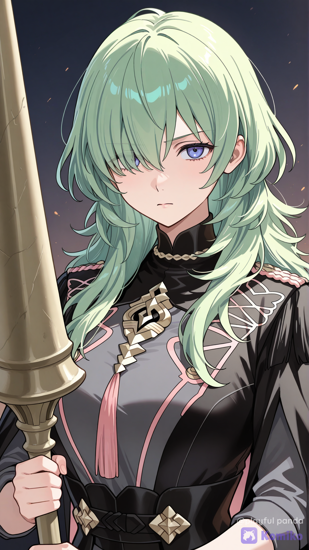 female byleth (fire emblem), official alternate costume, lance, serious, upper body