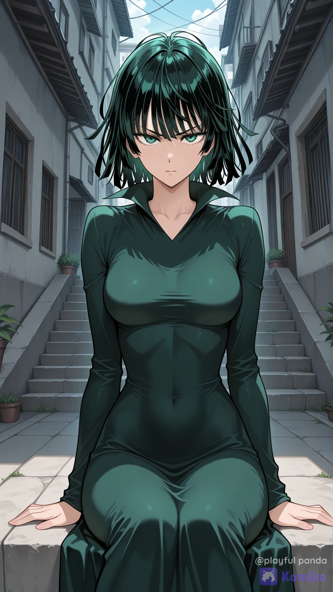 fubuki (one-punch man), official style, sitting, arms at sides, looking at viewer, facing viewer, serious