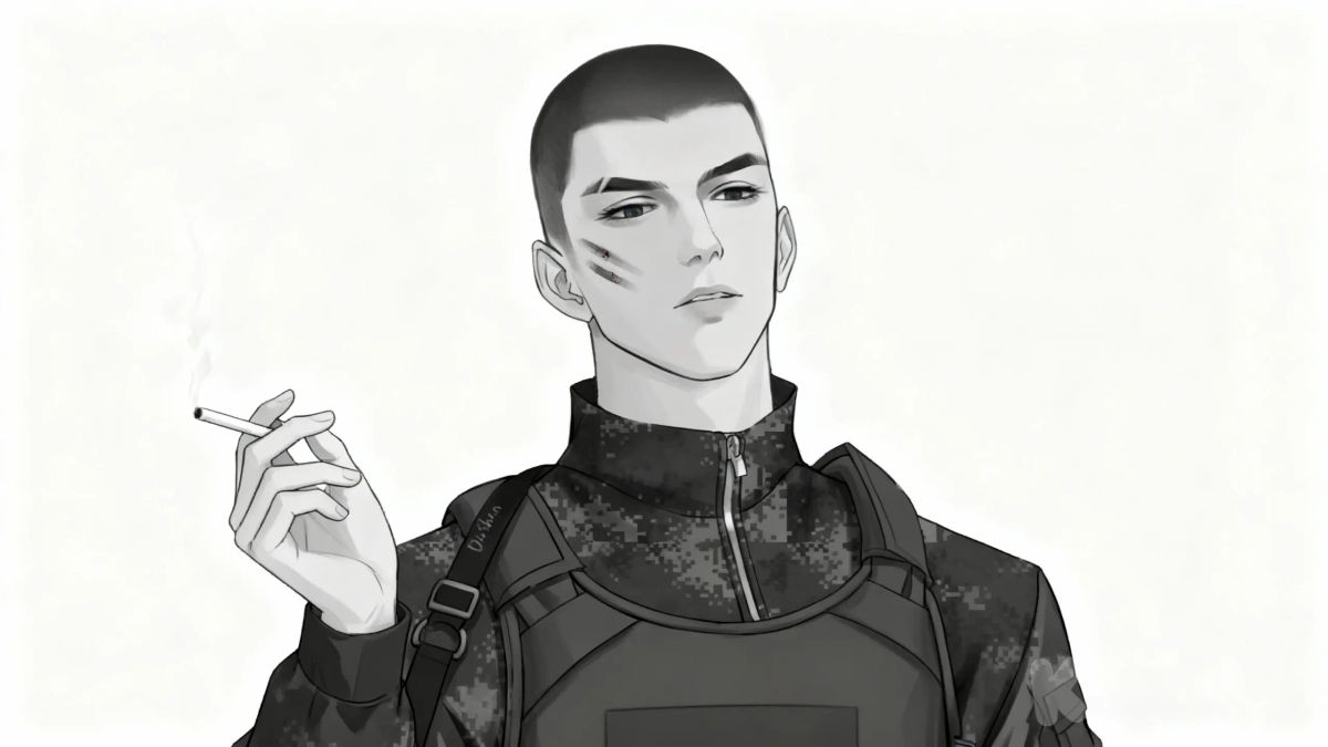 1000003171, full body, looking at viewer, He holds a cigarette in his right hand, his eyes are tired, and there is a wound on his cheek.