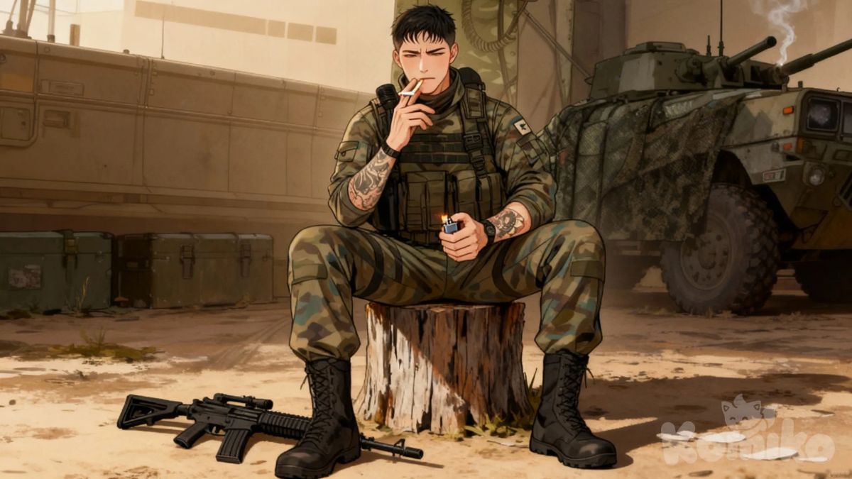 1000003173He's sitting on a stump, facing the viewer. He's tired, and there's no smile on his face, just a frown. One hand holds a cigarette, and he's bringing it to his lips, while the other hand holds a lighter. His body and legs are fully visible. He's wearing a military uniform, a bulletproof vest, and combat boots. He has short hair. An assault rifle is lying on the ground., 1000003173