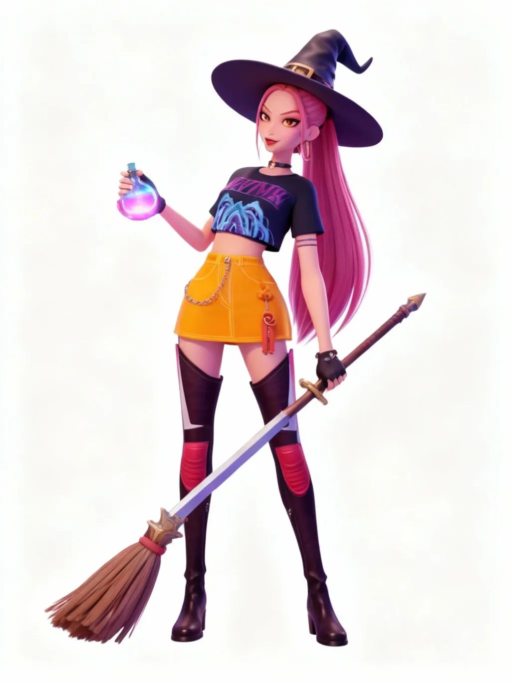 @Mira, flerty, pervy ,with a potion ,and Wich hat ,slitly tilted head , a broom/soord