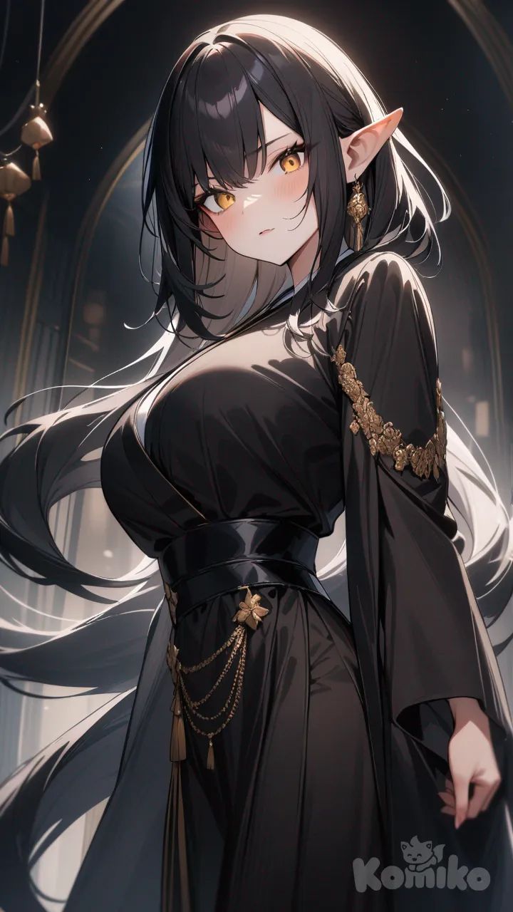 A woman with a sharp gaze, golden eyes, long flowing black hair, large breasts in a black kimono, and short, slightly pointed ears.
