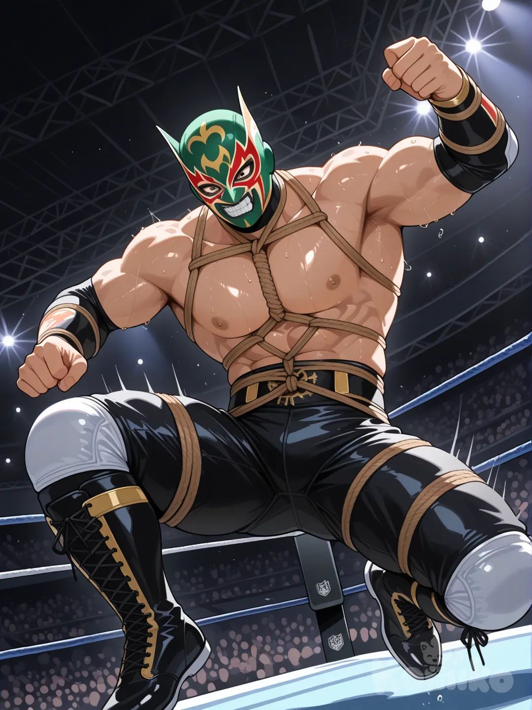 Un luchador enmascarado en el ring tirándose desde la tercera cuerda, haciendo honor a rey mysterio. Una leyenda del wrestling latino