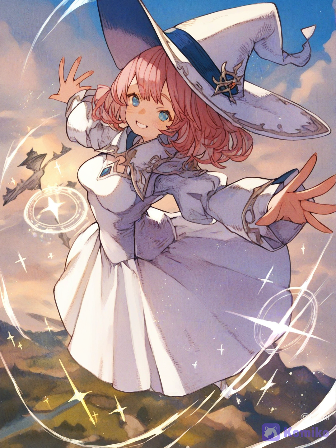 aesthetic magic witch flying in a beautiful sky