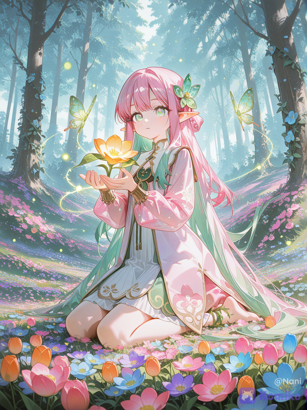aesthetic elf in beautiful flower paradise