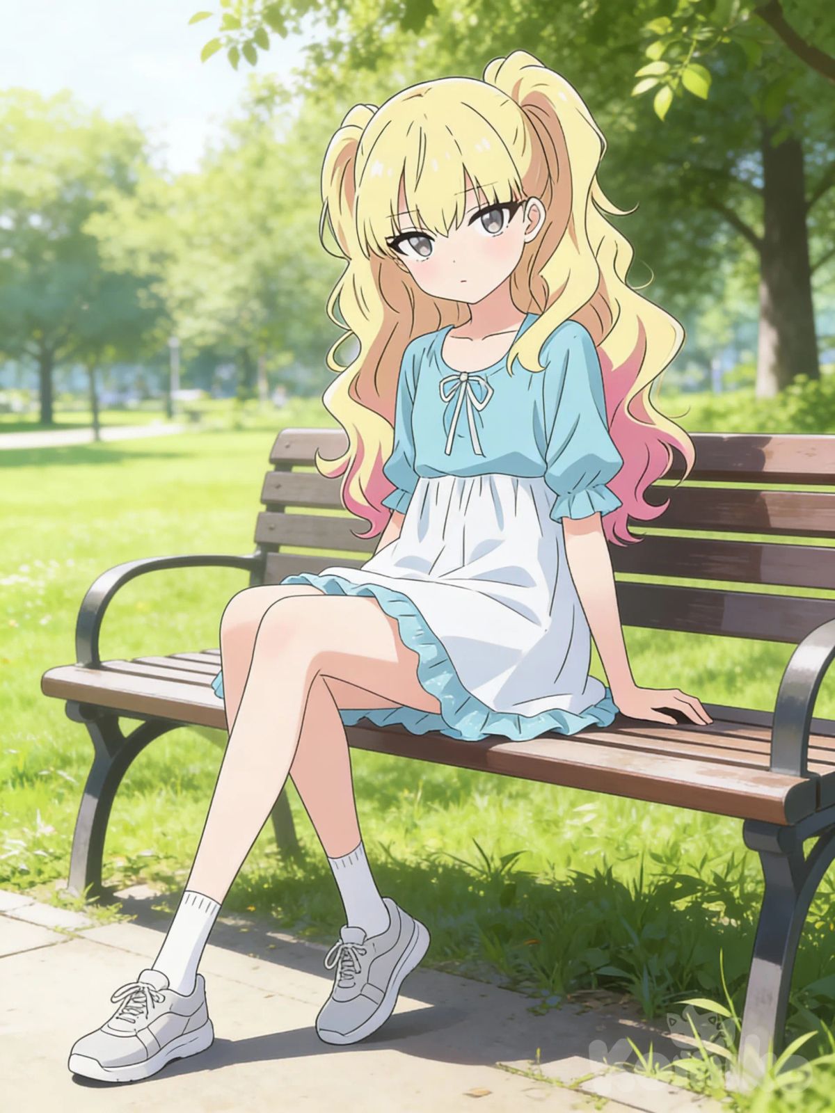 Kanon sitting on a bench