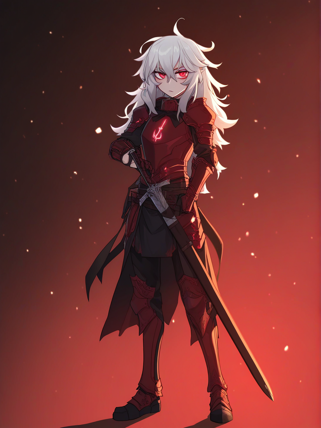 A young woman, 19 years old, dark fantasy anime style, elegant and battle-ready klong silver hair slightly messy, deep crimson eyes, wearing a black and red armored outfit with light runic patterns glowing faintly, holding a longsword at her side, confident and protective expression, soft lighting with a dark ethereal background, visual novel aesthetic, face, emotional atmosphere, full body, white background, [bright-anime-style]