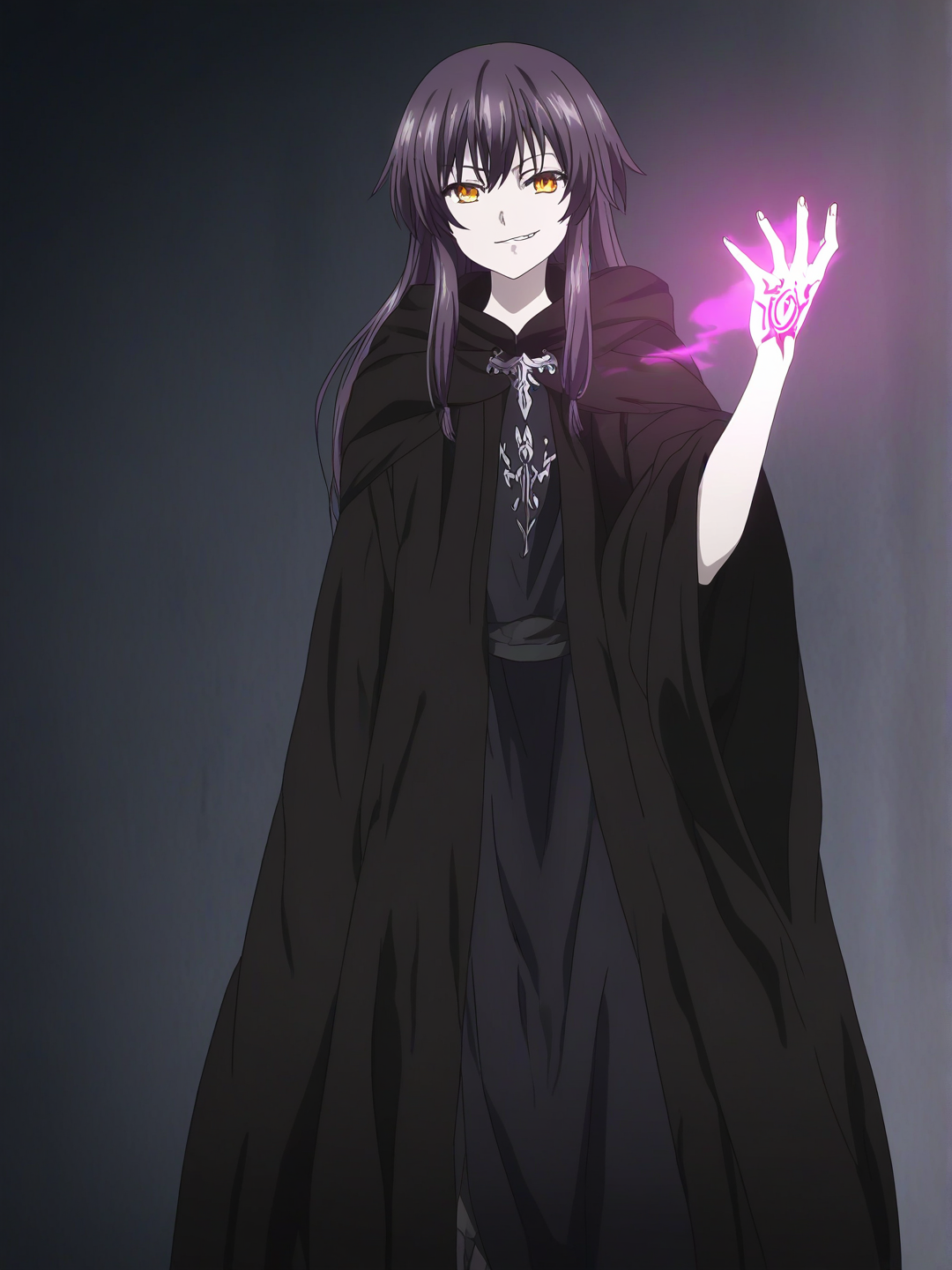 Mysterious young woman, 22 years old, anime dark fantasy artstyle, long black hair with violet reflections, pale skin, calm amber eyes, wearing an old scholar’s cloak with runes and ancient symbols, a faint mark glowing on her left hand, melancholic but wise expression, gothic lighting, visual novel aesthetic, [bright-anime-style], white background, smirk, full body