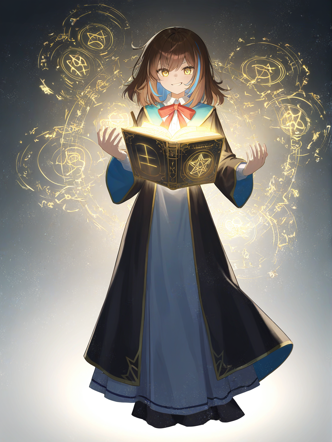 Anime-style girl, 18 years old strategist with a sharp gaze, shoulder-length dark brown hair with blue streaks, golden eyes full of intelligence, wearing a sleek mage uniform with a mix of cloth and light armor, holding an ancient book, smirking slightly, standing in a filled with glowing symbols, mysterious and analytical vibe, soft visual novel aesthetic, full body, white background, [moody-glow-style], looking at viewer