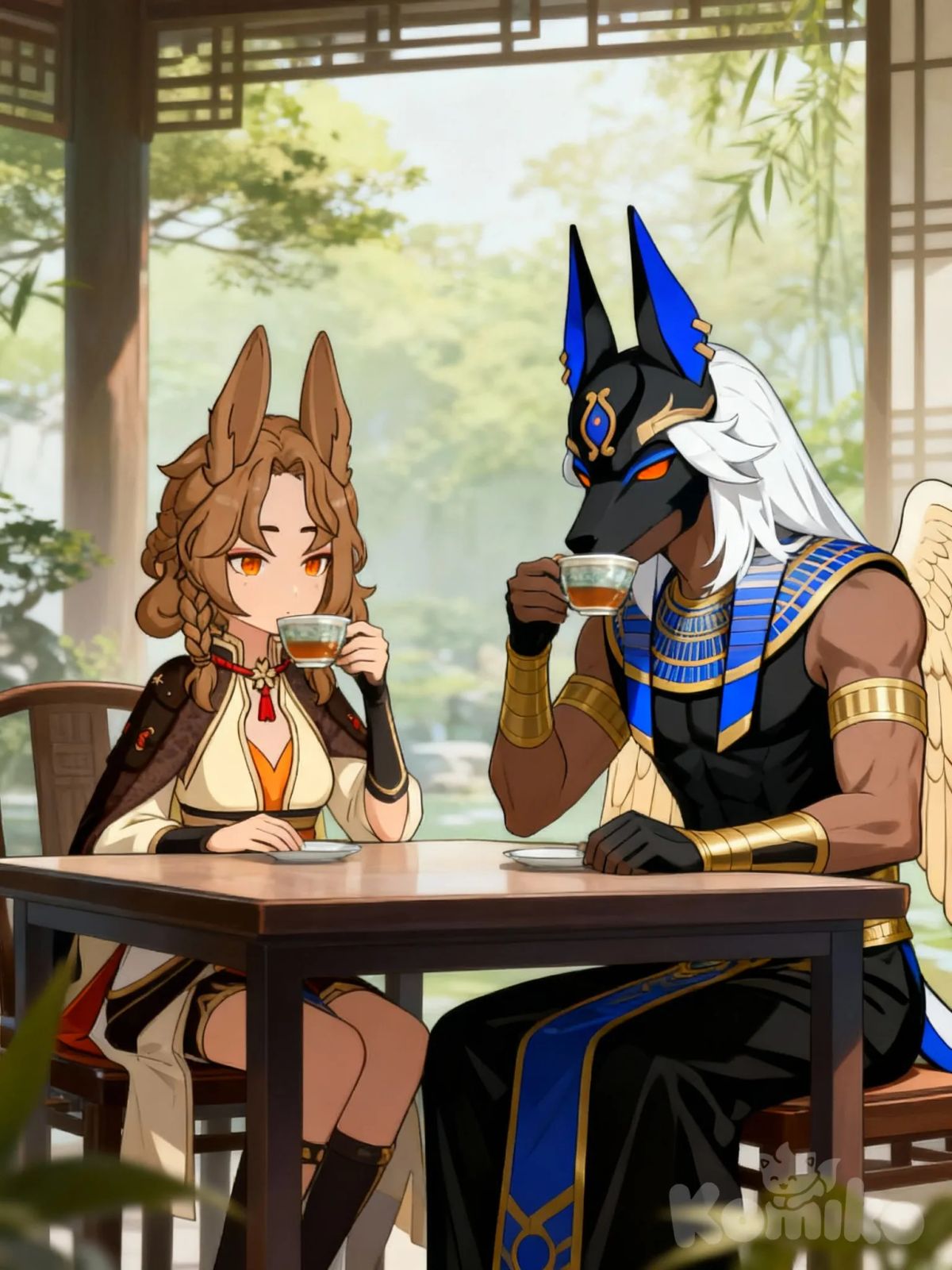 @Cyno_(Genshin_Impact), They are both sitting at the table and drinking tea, Make one character from a photo, another on request.