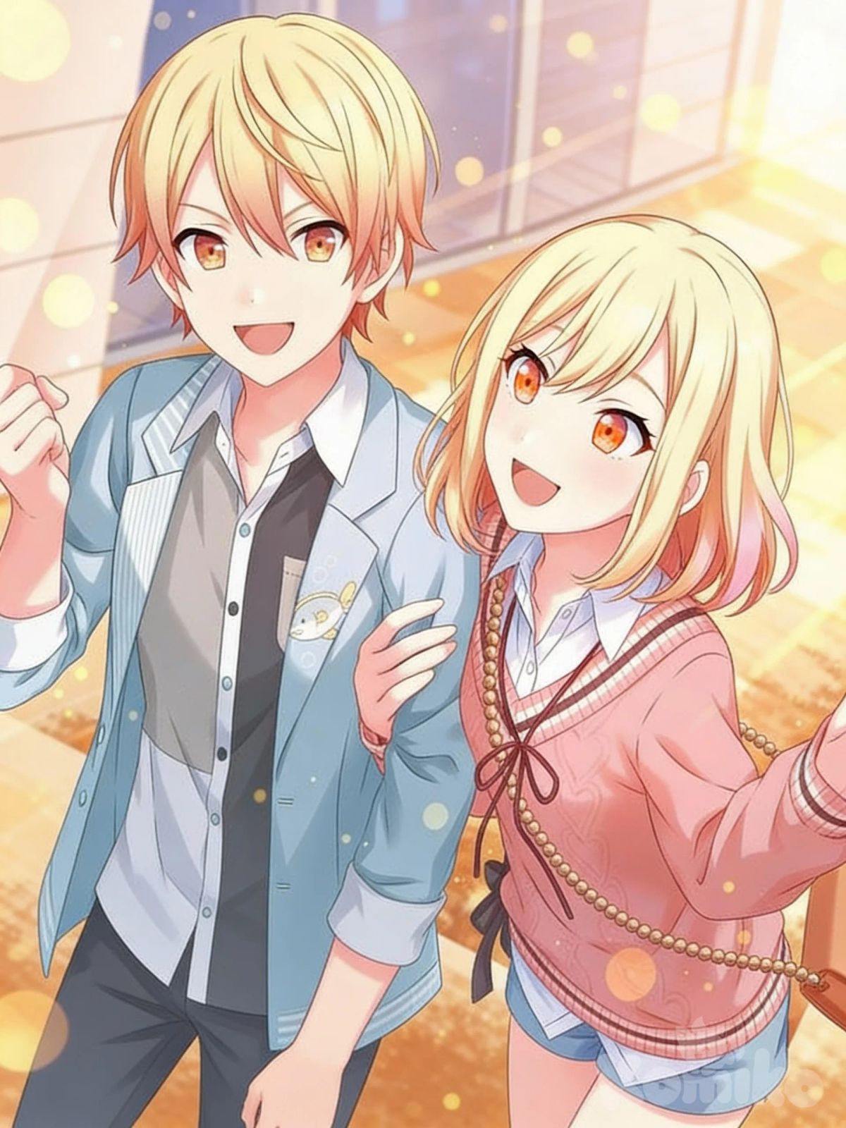 project sekai, Instead of the girl on the right, there will be a girl with shoulder-length hair, orange eyes, the rest is as in the photo, the pose, the guy next to her, the clothes, and the pose, everything else is as in the photo, just change the hair and eye color.