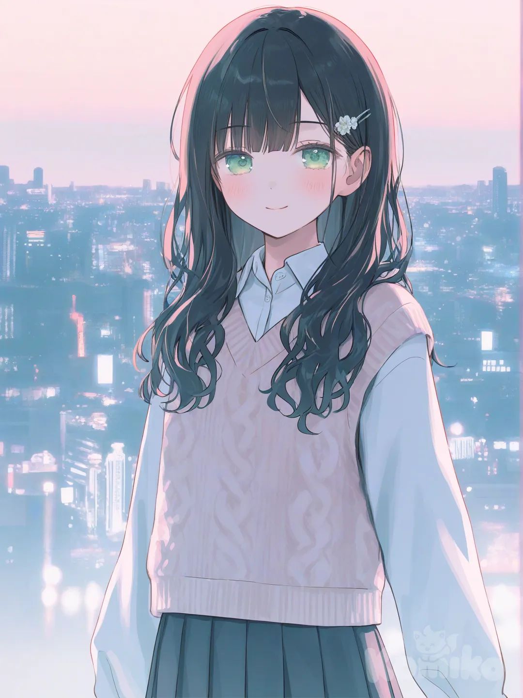 [soft-pastel-style], knitted vest, pleated skirt, hairpin, jewelry, wavy black hair, green eyes, portrait, upper body, looking at viewer, city background, smile