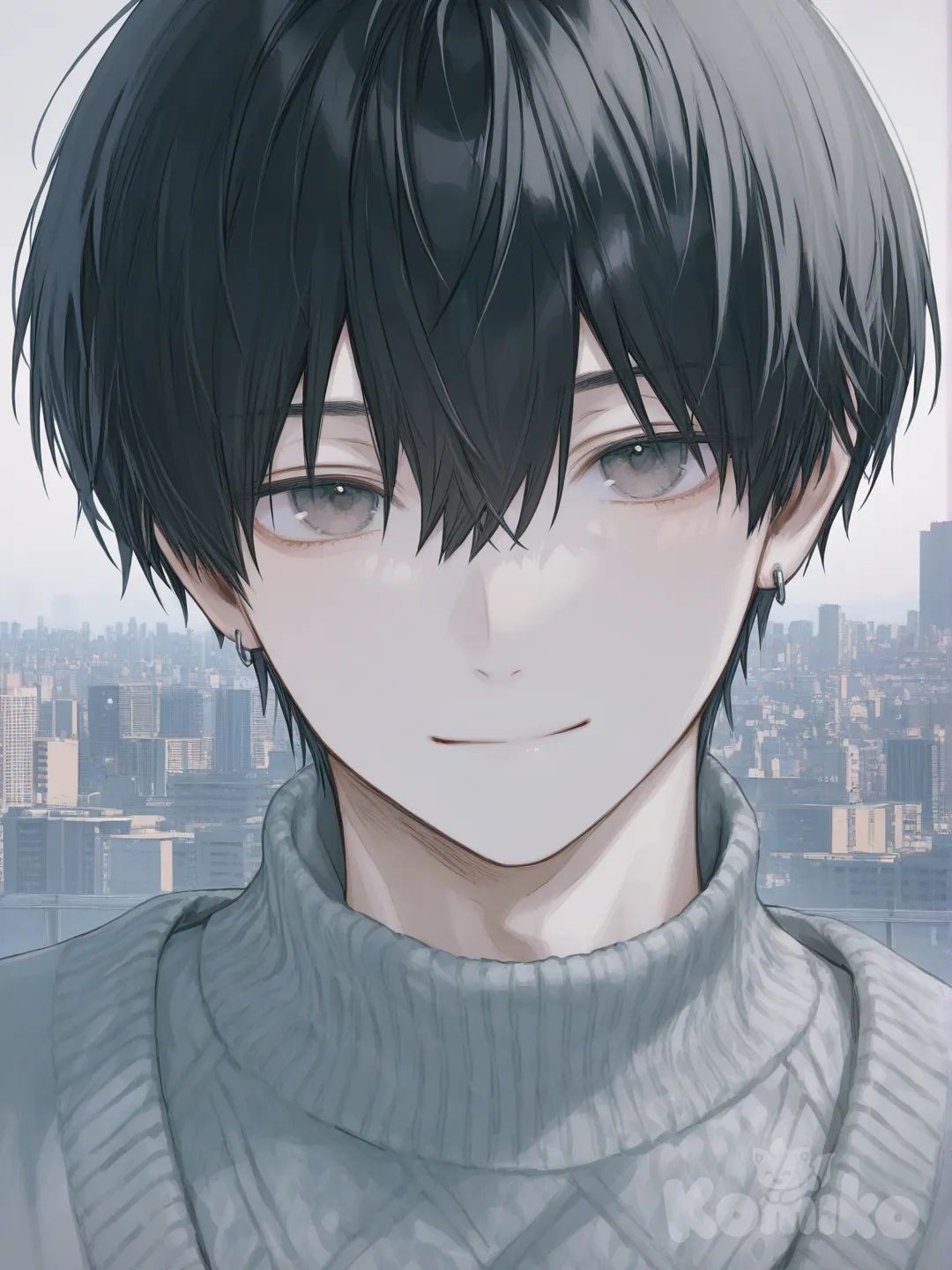 [soft-pastel-style] boy, handsome, knitted cardigan, jeans, earring, jewelry, short black hair, hazel eyes, portrait, upper body, looking at viewer, city background, smile, IMG_4322