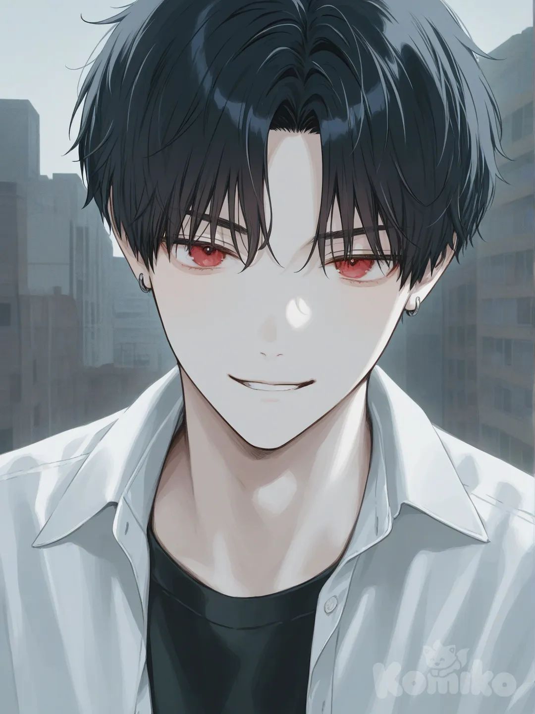 [soft-pastel-style] boy, handsome, open white button-up, black jeans, earrings, jewelry, wavy black hair, red eyes, portrait, upper body, looking at viewer, city background, smirk, IMG_4327