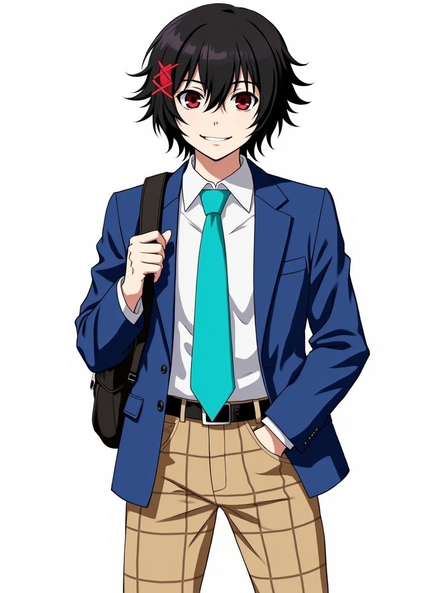 1boy, juuzou_suzuya, teen, messy black hair, smile, red eyes, red hairpin, blue blazer, turquoise tie, light brown plaid pants, backpack, heart hands, single character, full body, looking at viewer, anime style, simple background, white background
