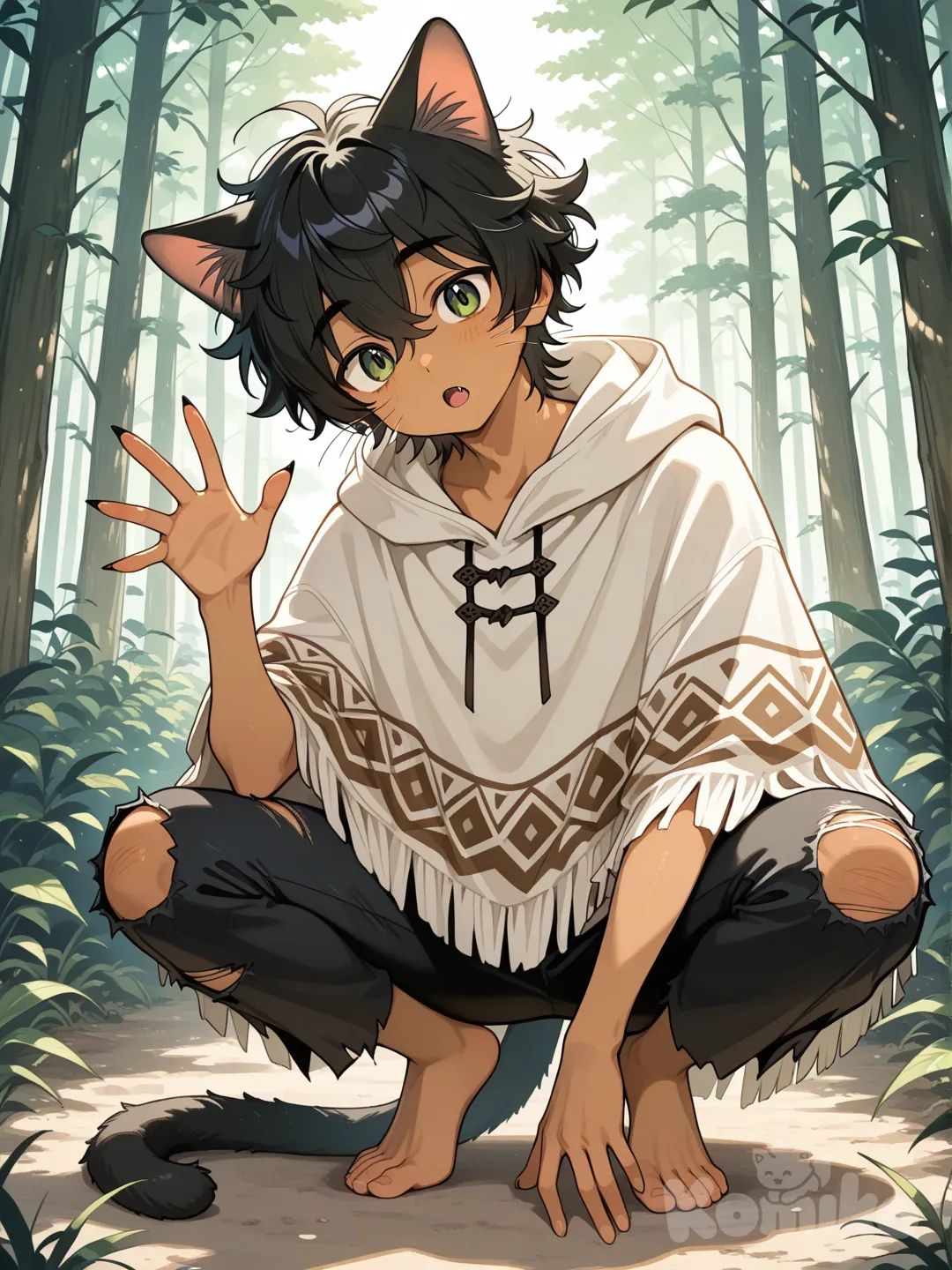 Japanese male, messy hair, black hair, cat ears, cat tail, white poncho, black torn pants, tan skin, green eyes, fangs, forest, head tilt, full body, barefoot, whiskers, curious expression, crouching, claws, waving