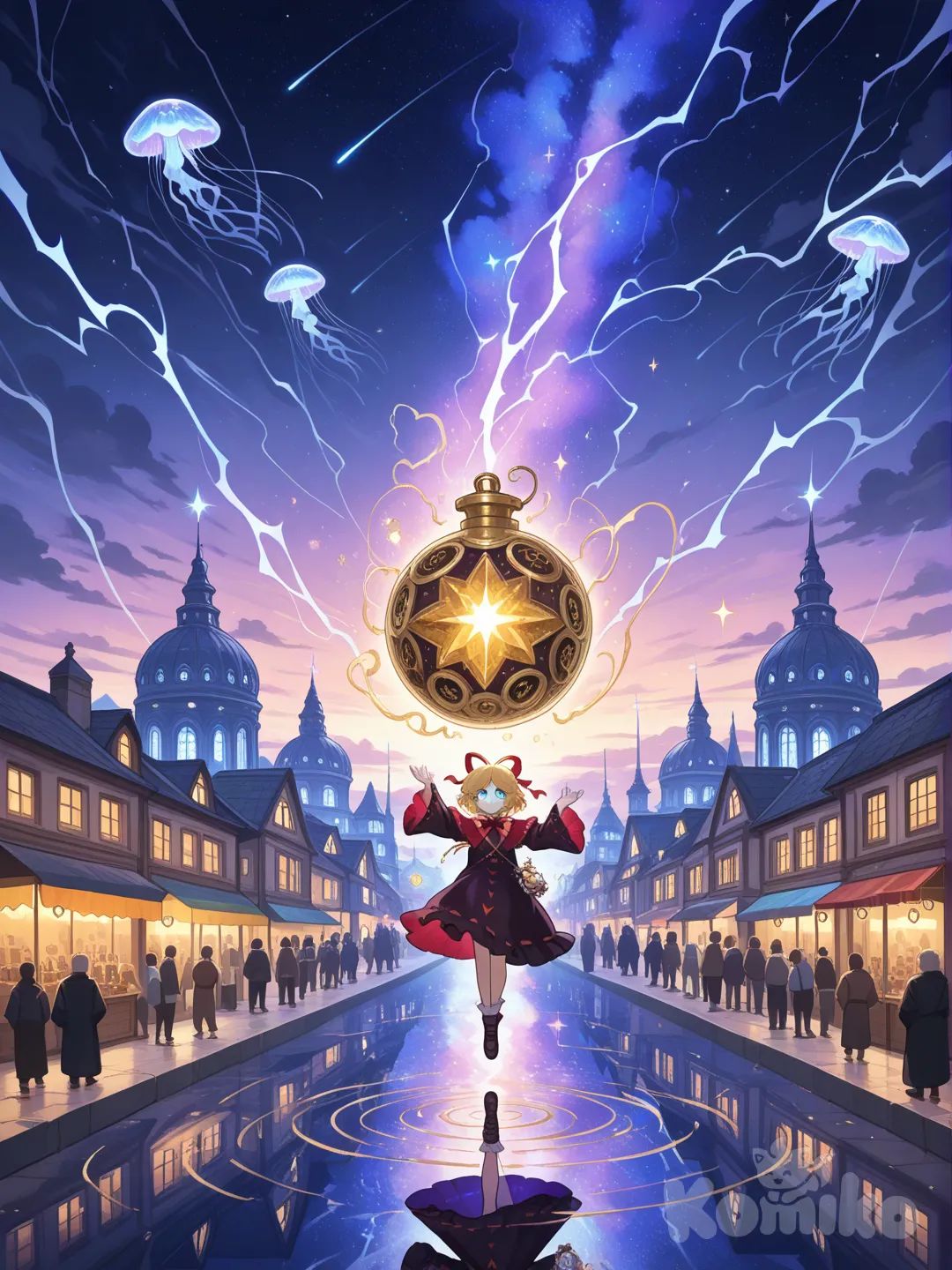 A visually stunning, chaotic anime-style marketplace sprawls across a floating city suspended in twilight skies. The scene is drenched in vibrant hues—electric blues, cosmic purples, and radiant golds—illuminated by glowing rivers of stardust that weave between the stalls like magical pathways.

🏙️ Setting & Architecture
- The marketplace is built on interconnected made of translucent crystal and polished obsidian.
- Each platform is linked by glowing bridges of light, pulsing with energy as people walk across.
- Towering spires and domes rise in the background, shaped like inverted hourglasses and celestial observatories.
- The sky above is a swirling canvas of nebula clouds, distant galaxies, and shooting stars.

🧙‍♂️ Vendors & Stalls
- Lightning Vendors: Old, eccentric merchants in steampunk goggles and layered robes sell bottled lightning—glass flasks crackling with electric tendrils, labeled with names like “Storm of the North” or “Thunderchild’s Whisper.”
- Star Sellers: Ethereal beings with glowing skin and flowing garments offer miniature stars in levitating jars. Each star pulses with a different emotion—joy, sorrow, curiosity—and changes color accordingly.
- Time Weavers: A hidden stall run by a masked figure sells threads of time, shimmering like liquid silver, used to alter memories or slow moments.
- Dreamsmiths: Artisans forge dreams into wearable charms—necklaces that hum with lullabies, rings that shimmer with forgotten wishes.

🧑‍🎤 Characters & Crowd
- A mix of humans, spirit creatures, and alien-like beings roam the market.
- A young protagonist (optional) with a glowing satchel and wide eyes navigates the chaos, searching for a lost constellation.
- Floating familiars—tiny dragons, foxes made of mist, jellyfish-like spirits—hover around their owners, adding motion and magic.
- Street performers juggle orbs of plasma, play instruments made of light, or paint illusions mid-air.

🎨 Art Style & Mood
- Art Style: A fusion of fantasy anime with Makoto Shinkai-style lighting and Studio Ghibli-level environmental detail.
- Lighting: Ultra-high resolution with dynamic lighting—neon glows, soft starbursts, and reflective surfaces.
- Mood: Chaotic yet mesmerizing, evoking wonder, curiosity, and a touch of melancholy. Every corner feels alive with possibility.

🌠 Atmospheric Details
- Floating lanterns drift overhead, casting soft glows.
- Occasional lightning bolts arc across the sky, synchronized with music from hidden speakers.
- The air shimmers with magical particles—like glitter suspended in wind.
- Background sounds include murmurs of trade, laughter, crackling energy, and distant cosmic hums.